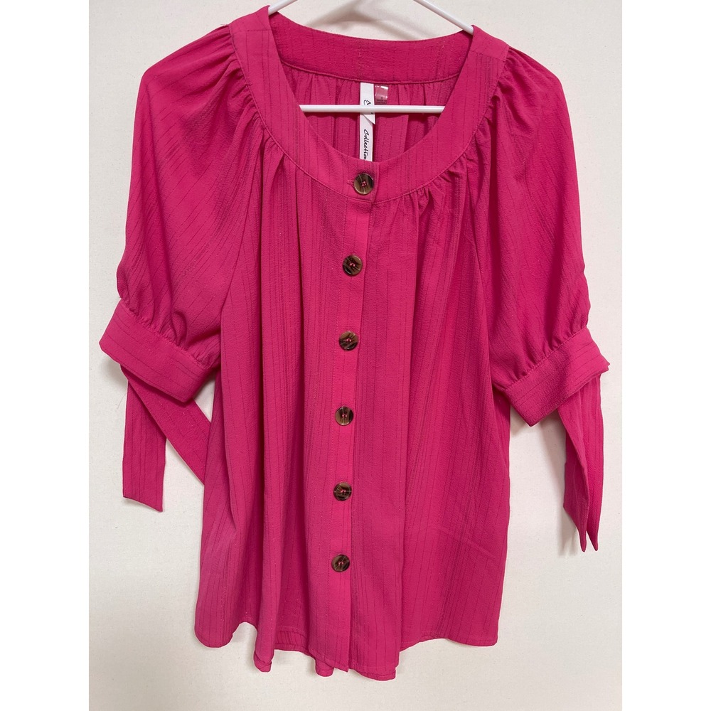 NY Collection Hot Pink Metallic Pinstripe Button Front Puff Sleeve Blouse Small